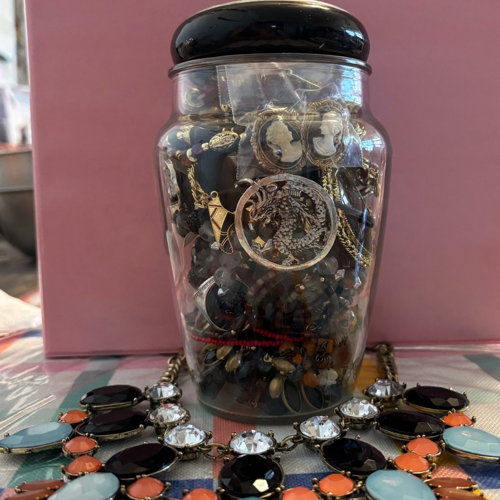 Black, Gold and Silver Mystery Jewelry Jar with Cameo Earrings